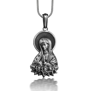 Virgin Mary in Prayer with Rose Necklace, Sterling Silver Mother Mary Necklace For Mama, Spiritual Necklace For Christian, Faith Necklace