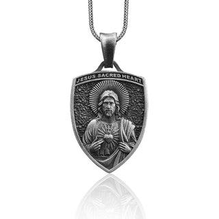 Jesus Christ Sacred Heart Handmade Sterling Silver Men Charm Necklace, Sacred Heart Men Jewelry, Jesus Sacred Heart Pendant, Christian Gift