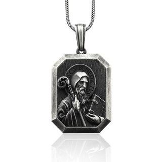 Saint Benedict Necklace, Personalized Saint Benedict Silver Men's Necklace, Religious Silver St Benedict Pendant, Christian Unisex Necklace