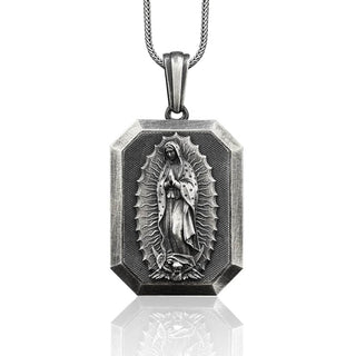 Our Lady Of Guadalupe Personalized Silver Necklace, Guadalupe Silver Men's Pendant, Religious Virgin Mary Necklace, Christian Husband Gift