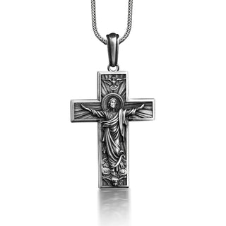 Ascension of Jesus Cross Necklace, Engraved Jesus in Cross Mens Pendant in Silver, Spiritual Necklace For Christian, Religious Necklace