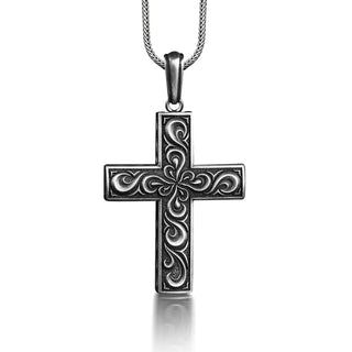 Floral cross necklace in 925 sterling silver, Cross pendant with spiral motifs, Unique Christian necklace for family