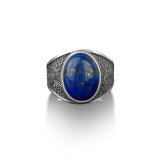 Tree of life silver man ring, Blue lapis lazuli signet men's yggdrasil ring, Yggdrasill silver men ring, Pinky lapis stone ring, Family gift