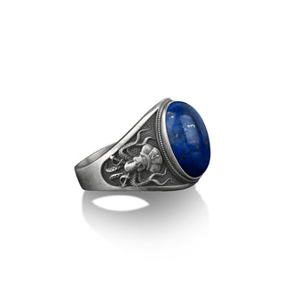 Priate octopus with blue stone silver ring for men, Blue lapis lazuli silver man ring, Silver signet octopus pinky ring, Sailor octopus ring