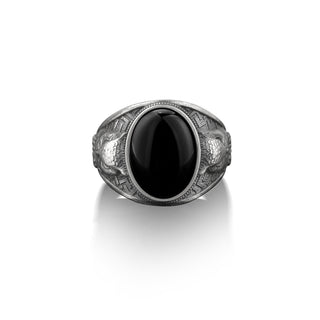 Owl on the side black onyx gemstone signet ring, Sterling silver pinky rings for women, Engraved mens signet ring, Black onyx signet rings