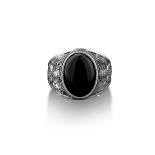 Abhaya Mudra Buddha black onyx gemstone silver ring for men, 925 sterling silver signet ring, Handmade spiritual jewelry, Buda onyx men ring