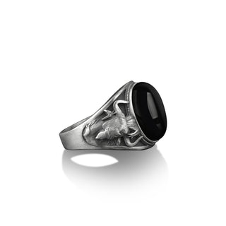 Bull head engraved black onyx stone silver men ring, Taurus ring sterling silver man ring, Zodiac sign ring for him and her, Onyx gift rings