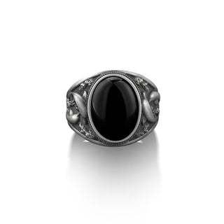 Black onyx gemstone men rings with dolphins on the sides in 925 sterling silver, Black stone sea animal signet ring, Black onyx pinky ring