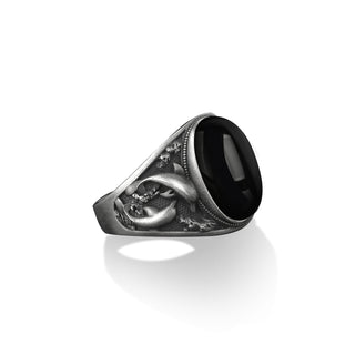 Black onyx gemstone men rings with dolphins on the sides in 925 sterling silver, Black stone sea animal signet ring, Black onyx pinky ring