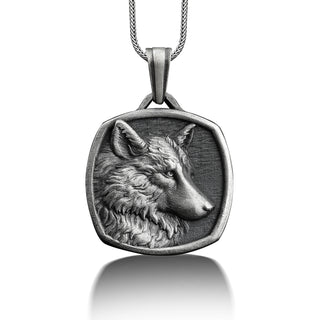 Engraved wolf pendant necklace for men in silver, Personalized animal necklace for dad, Handmade necklace for boyfriend