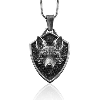 Shield with Fox Head Necklace for Men in Silver, Fox Silver Men Jewelry, Animal Necklace, Fox Silver Pendant with Chain, Unique Dog Necklace