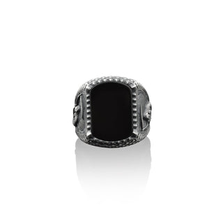 Azrael with black onyx gothic ring for men in sterling silver, Black onyx biker signet men ring, Onyx stone unique ring, Gift ring for men