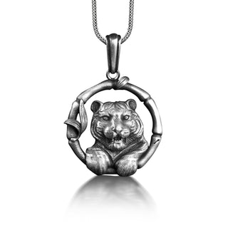 Baby tiger on branch pendant necklace for men, Unusual mens nature inspired necklace in silver, Floral necklace for son