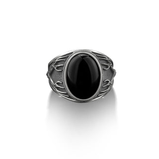 Deer skull with black onyx biker ring for men in sterling silver, Punk gothic men ring, Oval black onyx signet ring, Onyx man ring gift ring