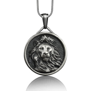 Lion headed round pendant necklace for men in silver, Personalized horoscope necklace for him, Leo zodiac sign necklace