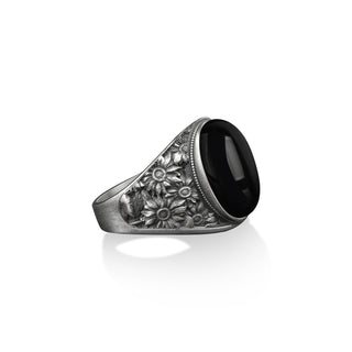 Bouquet of sunflowers with black onxz silber men ring, Engraved onyx gemstone ring, 925 sterling silver floral signet ring for him and her