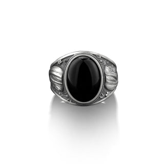 Black onyx gemstone ring with Virgin mary and lilies engravings on the sides, 925 sterling silver religious signet ring, Silver onyx jewelry