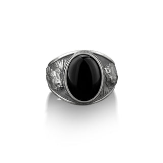 Native american black onyx stone men ring, Sterling silver black onyx gemstone men rings with Indian chief head motif on the sides, Men gift