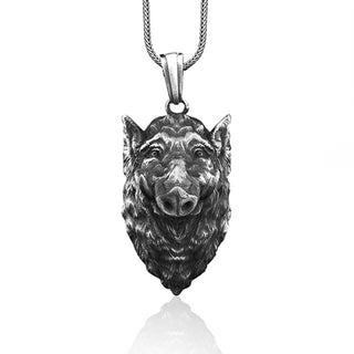 Male boar head handmade silver necklace for men, Oxidized wild pig pendant, Cool animal necklace for nature lover