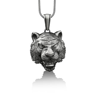 Tiger head 925 silver strength necklace for boyfriend, Wild cat pendant for animal lover, Unique mens necklace for dad