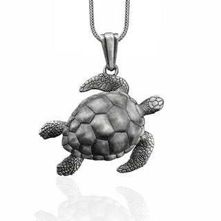 Sterling Silver Handmade Sea Turtle Necklace, Big Turtle Men Pendant, Solid Silver Sea Jewelry, Ocean Turtle Charm With Foxtail Chain