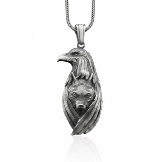 The Wolf Under The Eagle Wings Handmade Sterling Silver Men Charm Necklace, Eagle and Wolf Silver Men Jewelry, Wolf in Eagle Wings Pendant