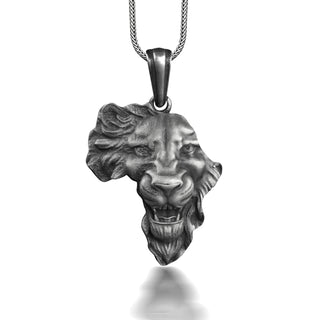 Africa Necklace with Engraved Lion Face, Silver Animal Map Necklace For African, Leo Necklace For Best Friend, Cool Male Necklace For Dad