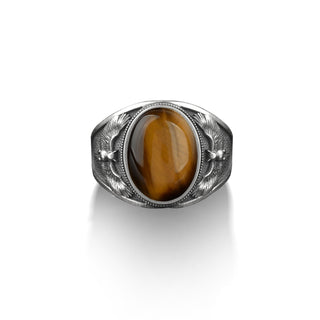 Owl with spread wings tiger's eye gemstone men ring, 925 sterling silver signet ring for men, Handmade oxidized man jewelry, Statement rings