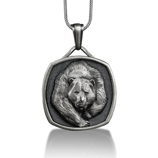 Grizzly Bear Square Medal Silver Necklace Pendant, Customizable Necklace, Engraved Necklace for Men, Animal Lover Gift, Small Birthday Gift