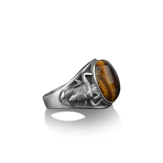 Tiger's eye signet men ring with taurus bull engraving on the sides, 925 sterling silver Zodiac sign ring for men and women, Zodiacman ring