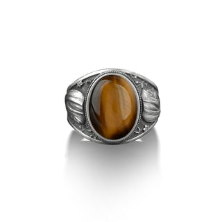 Virgin mary in white lilies handmade signet men ring with tiger's eye gemstone, 925 sterling silver christian jewelry for men in gemstone