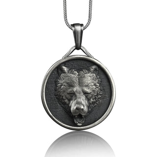Handmade Sterling Silver Grizzly Bear Men Charm Necklace, Nordic Bear Silver Men Jewelry, Scandinavian Bear Medallion, Animal Gift Jewelry