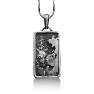 Twin wolf pendant necklace in sterling silver, Personalized animal necklace for mama, Nature inspired necklace for her