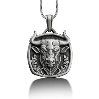Bull head pendant necklace in oxidized silver, Personalized animal necklace for husband, Taurus sign zodiac necklace