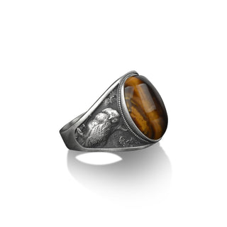 Sterlling silver owl and the tree signet men ring, Tiger's eye stone men ring for dad, Unusual nature ring, Animal jewelry lover gift