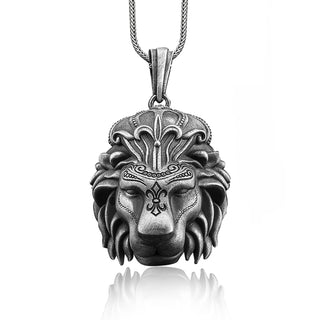 Lion pendant with engraved fleur de lis, 925 silver lion necklace for men, Futuristic necklace for leo birthday gift