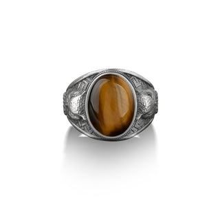Owl and stripes tiger's eye gemstone ring for men, 925 sterling silver oxidized signet ring for him, Unique bird of prey ring, Gift men ring