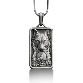 Wolf sterling silver customizable necklace, Howling wolf pendant necklace for husband, Engraved animal necklace for me