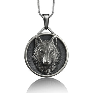 Wolf Medallion, Norse Mythology Wolf Handmade Sterling Silver Men Charm Necklace, Viking Wolf Jewelry, Fenrir Wolf Head Pendant with Chain