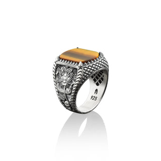 925 sterling silver tiger's eye signet ring for men, Chinese dragon engraving pinky man ring in silver, Tiger's eye gemstone ring for men