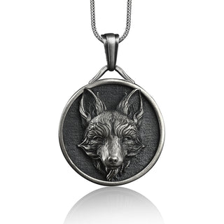 Handmade Fox Head Silver Men Charm Necklace, Personalized Silver Fox Head Pendant, Animal Gift  Medallion, 925 Silver Husband Gift Necklace