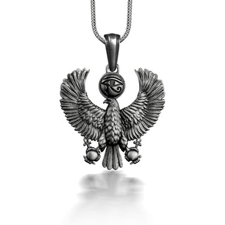 God horus pendant necklace for men in silver, Eye of horus and falcon necklace with ankh, Egyptian mythology necklace