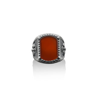 Phoenix bird carnelian gesmtone men silver ring, Phoenix rising from the flames signet ring with cushion red agate gemstone, Mythhology ring