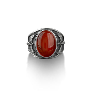 Isis the egyptian goddess of the moon with wings men silver ring, Red agate gemstone man ring, Egyptian mythology carnelian gemstone jewelry