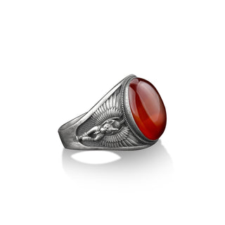 Winged bastet the egyptian goddess carnelian silver men ring, Protection signet man ring, 925 sterling silver red agate gemstone gift ring