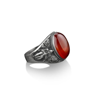 Saint Michael the Archangel red agate silver ring for men, Carnelian gemstone christian man rings in sterling silver, Catholic men gift ring