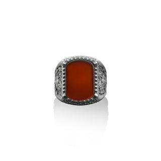 Chinese Dragon engraved red agate gemstone men ring, 925 sterling silver square signet ring for men with red agate, Asian mythology jewelry