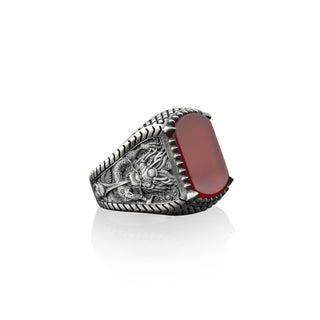 Chinese Dragon engraved red agate gemstone men ring, 925 sterling silver square signet ring for men with red agate, Asian mythology jewelry