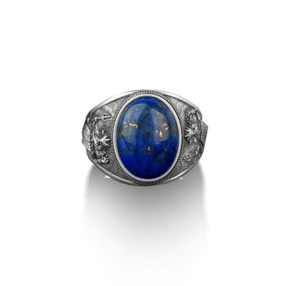 925 sterling silver blue lapis gemstone men ring, The Roman god of the sea Poseidon men ring, Blue lapis greek god ring, lapis lazuli rings