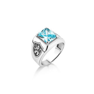 Square cut blue topaz men ring in sterling silver, Engraved rampant lion ring for men, Scottish aquamarine men silver ring, Jewelry for men